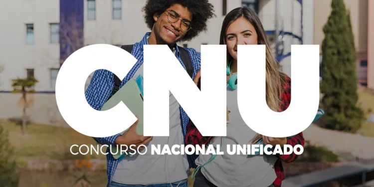 Dois jovens candidatos com materiais de estudo e texto CNU Concurso Nacional Unificado sobreposto