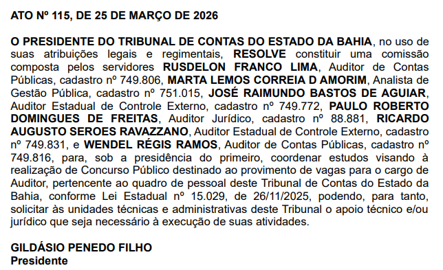 Comissão organizadora do concurso TCE BA Documento oficial com nomes de servidores para comissão organizadora do concurso TCE-BA 2026