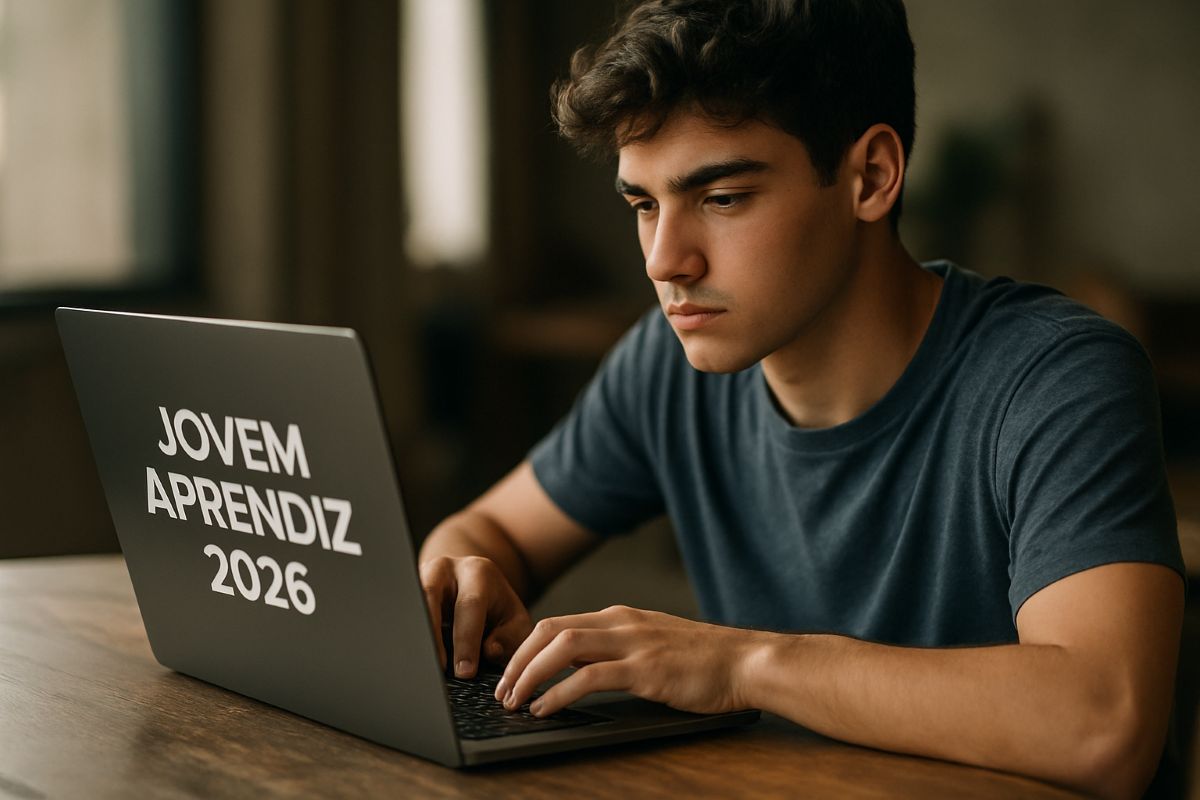 Como fazer a inscrição para o Jovem Aprendiz 2026 Jovem digitando no notebook com texto Jovem Aprendiz 2026 na tampa do computador
