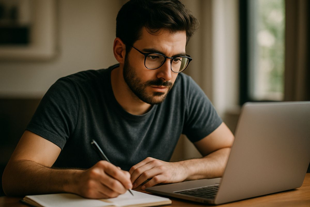 Dicas para se preparar para o concurso ESA 2026 Homem de óculos estudando com notebook e caderno representando dicas de preparação para o concurso ESA 2026