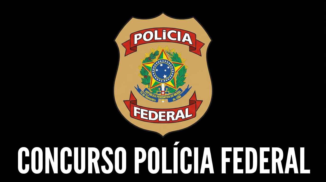 Concurso Polícia Federal Brasão oficial da Polícia Federal em destaque sobre fundo preto, acima do texto Concurso Polícia Federal