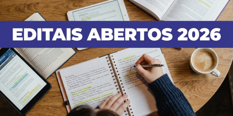 Pessoa escrevendo em caderno ao lado de livros, tablet e xícara de café