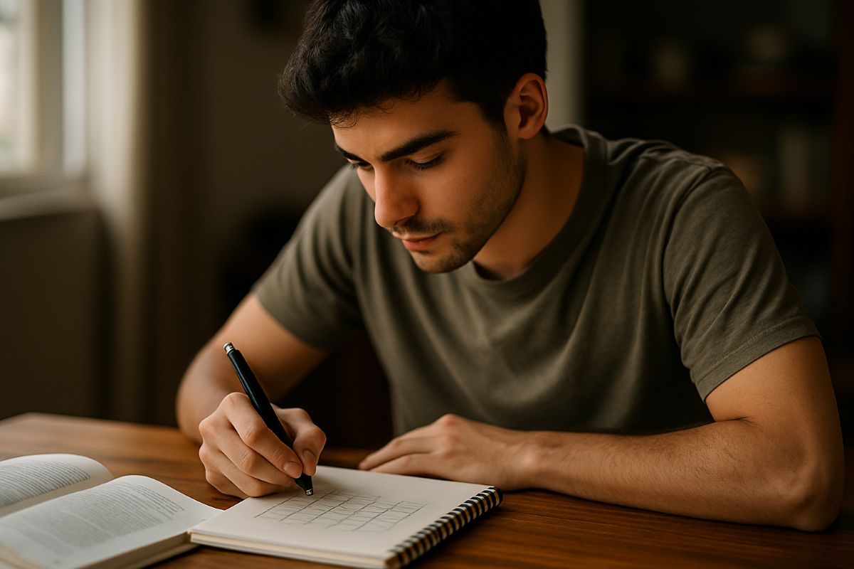 Dicas para aproveitar o curso gratuito do Encceja 2026 ao máximo Jovem estudando com caneta e caderno sobre mesa de madeira