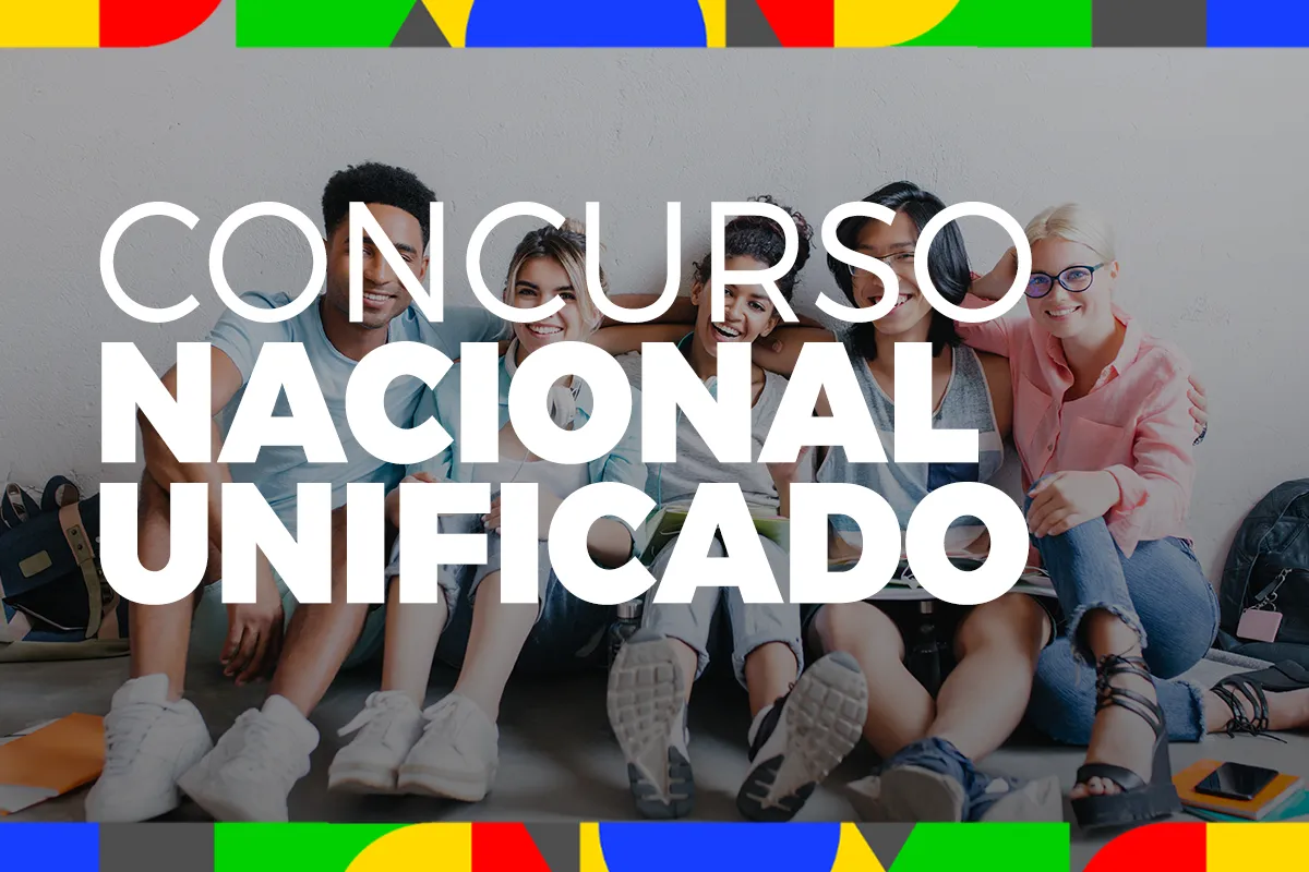 Distribuição por modalidade de concorrência Grupo de jovens estudantes sentados juntos com texto Concurso Nacional Unificado em destaque