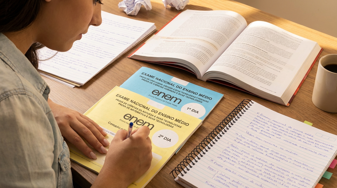 Enem 2026 Jovem anotando em caderno ao lado de provas do ENEM e livros abertos sobre mesa de madeira