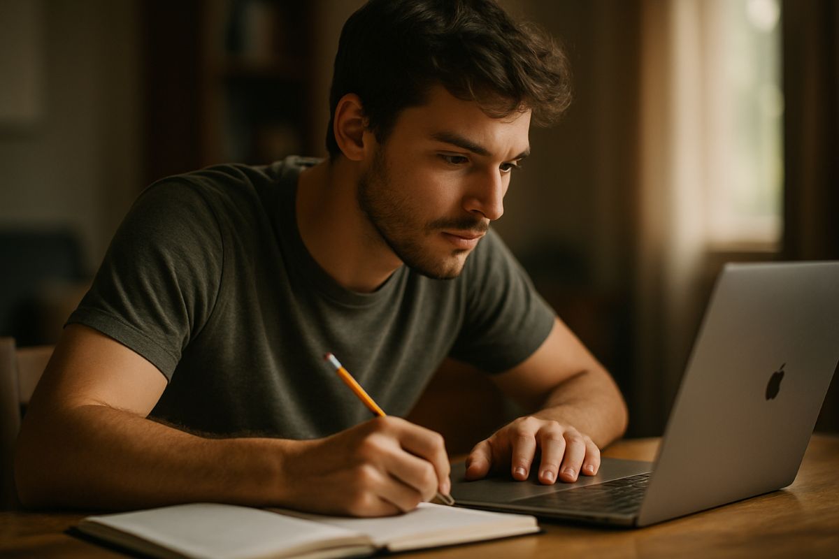 Estratégias de estudo para o Encceja 2026 Jovem estudando com caderno e notebook em ambiente iluminado