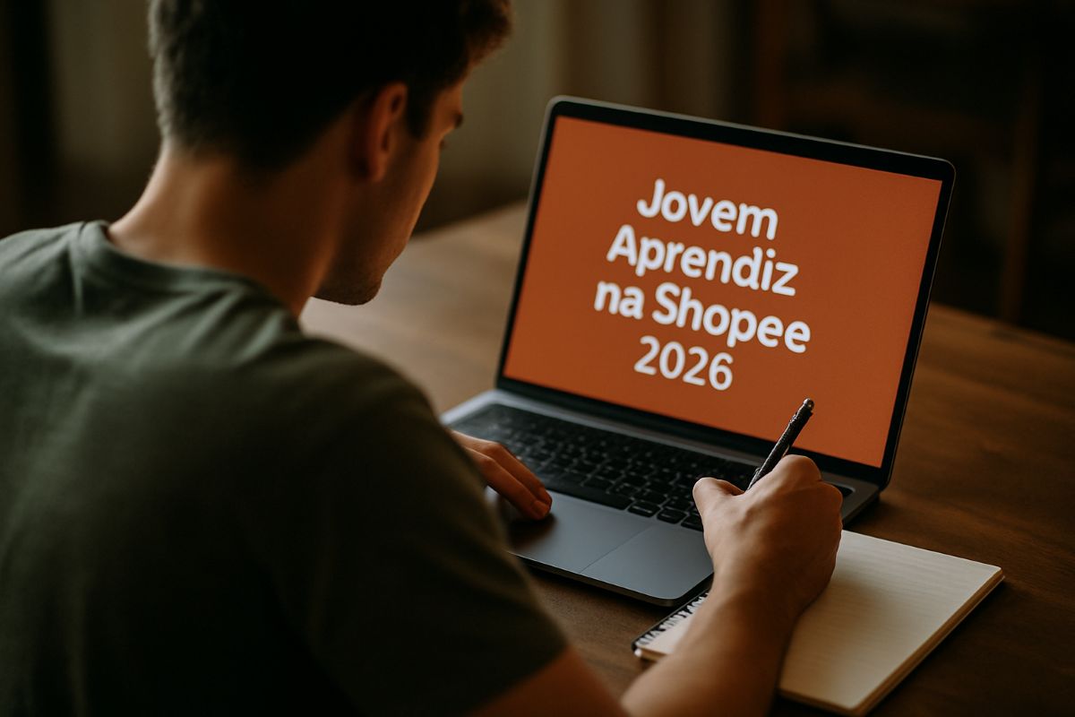 Inscrição e processo seletivo do Jovem Aprendiz Shopee 2026 Jovem anotando em caderno com notebook exibindo texto Jovem Aprendiz na Shopee 2026