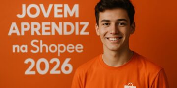 Jovem sorrindo com camiseta da Shopee ao lado do texto Jovem Aprendiz na Shopee 2026