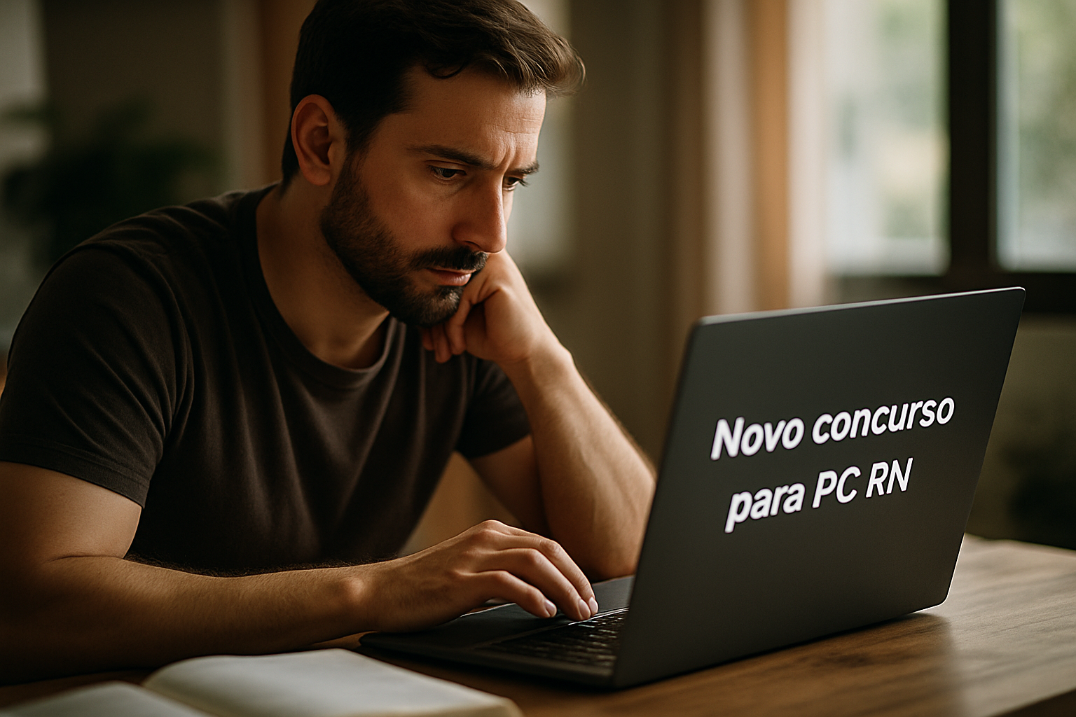 Dicas para quem quer se preparar para o novo concurso PC RN Homem concentrado no notebook com texto Novo concurso para PC RN na tela