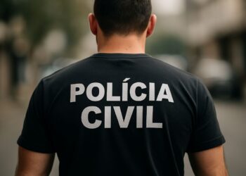 Policial de costas com camiseta preta escrito Polícia Civil representando concurso PC RN