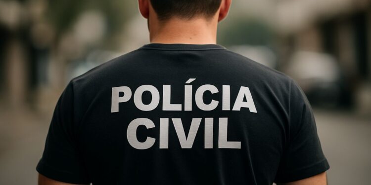 Policial de costas com camiseta preta escrito Polícia Civil representando concurso PC RN