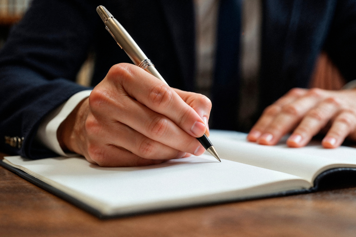 Concurso TCE BA 2026 Pessoa de terno escrevendo em folha de papel branca com caneta prata