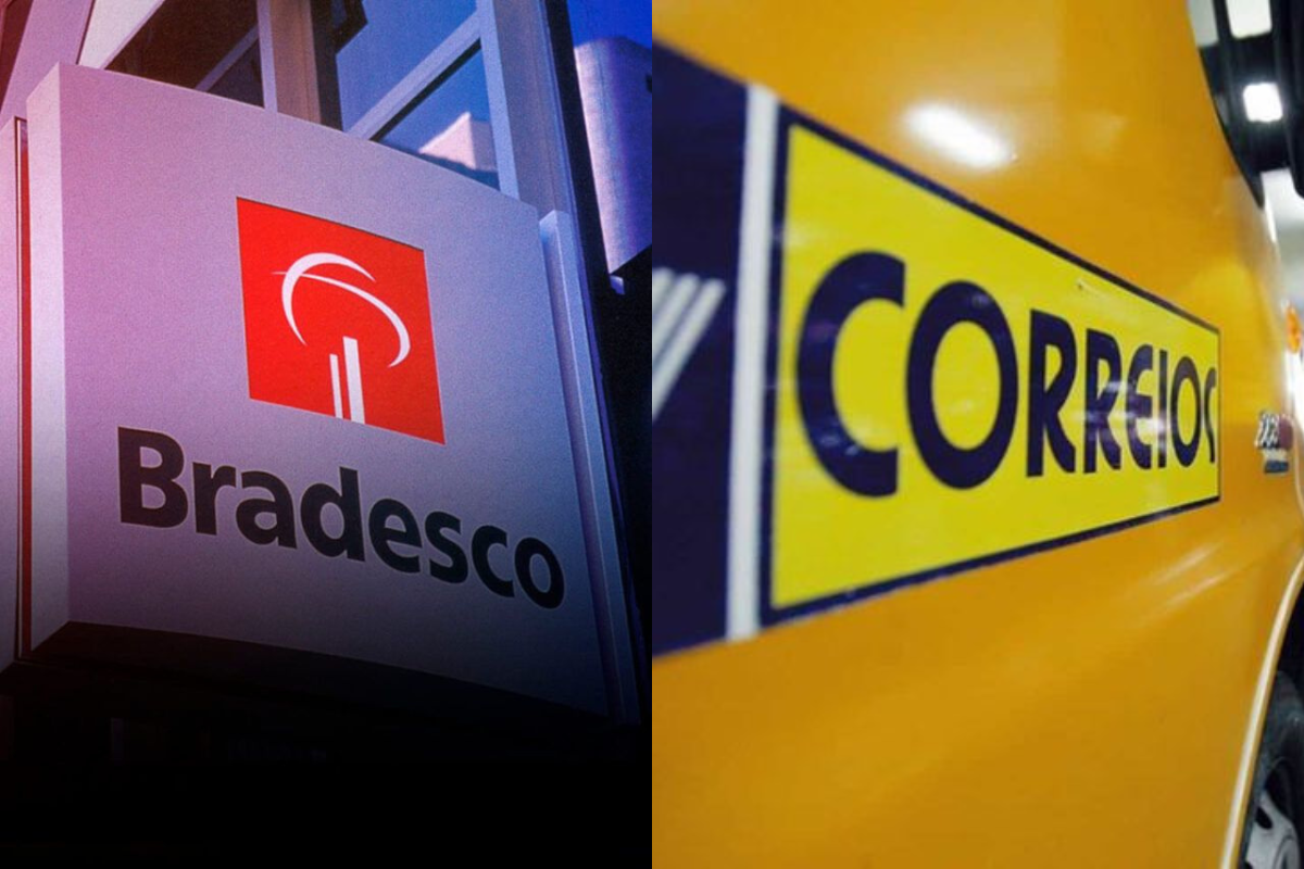 Montagem dividida ao meio mostrando o logotipo do Banco Bradesco à esquerda (quadrado vermelho com ícone branco e nome em preto) e o logotipo dos Correios à direita (texto amarelo sobre fundo azul e amarelo em um veículo de entregas).