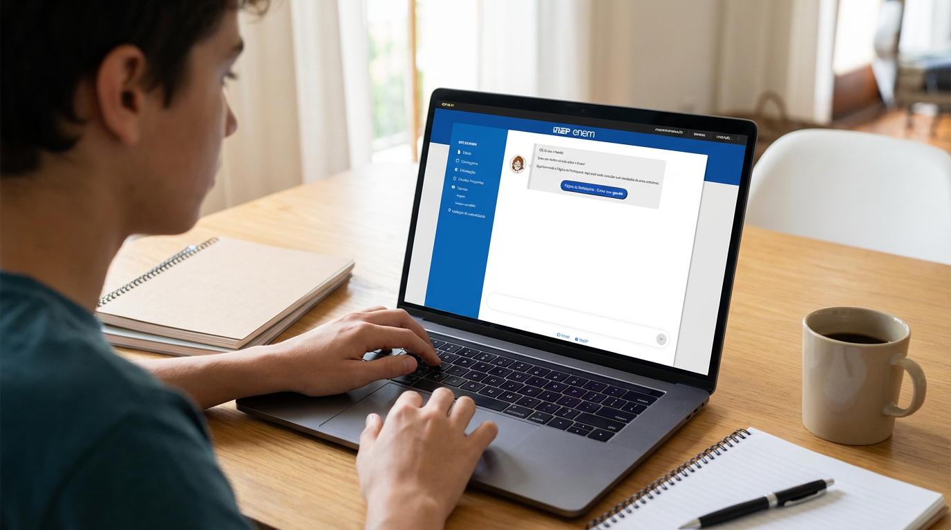 Página do Participante Estudante utiliza notebook para acessar sistema do ENEM em ambiente residencial