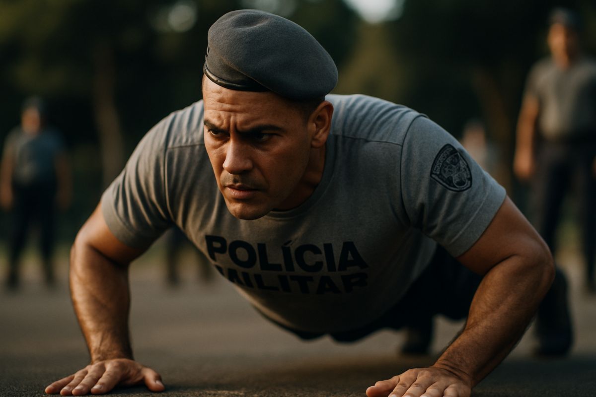 Preparação Física para o Concurso PM MA — Treino de Policial Militar Policial militar fazendo flexão durante treino físico