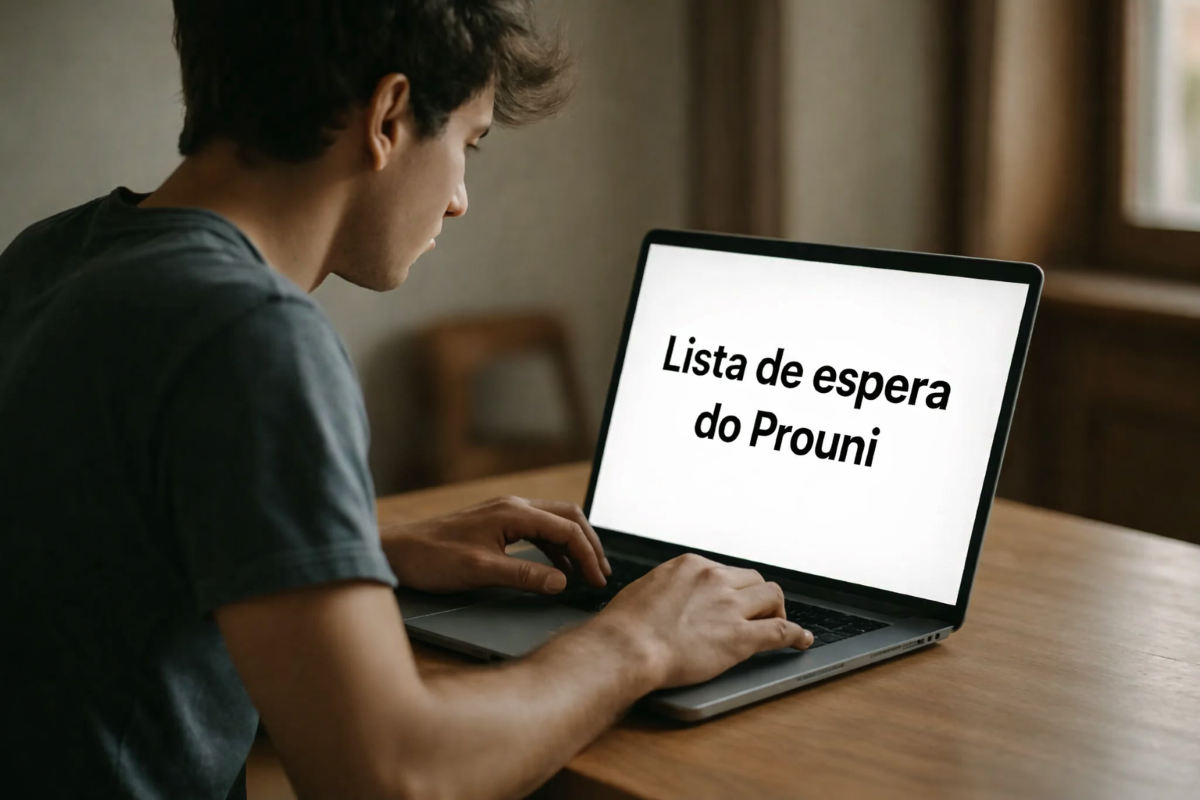 Como consultar o resultado da lista de espera do Prouni 2026 Jovem consultando notebook com texto Lista de espera do Prouni na tela — como consultar o resultado da lista de espera do Prouni 2026