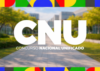 Sigla e texto "Concurso Nacional Unificado" sobre fundo de área verde com prédios ao fundo e moldura colorida