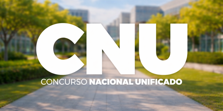 Sigla e texto "Concurso Nacional Unificado" sobre fundo de área verde com prédios ao fundo e moldura colorida