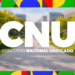 Sigla e texto "Concurso Nacional Unificado" sobre fundo de área verde com prédios ao fundo e moldura colorida