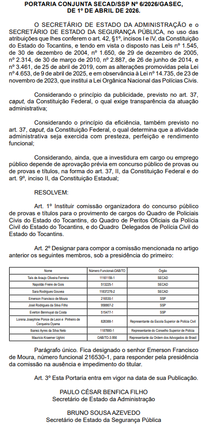 Comissão Concurso PC TO Documento oficial lista membros da comissão organizadora do concurso da Polícia Civil do Tocantins com órgãos e nomes visíveis