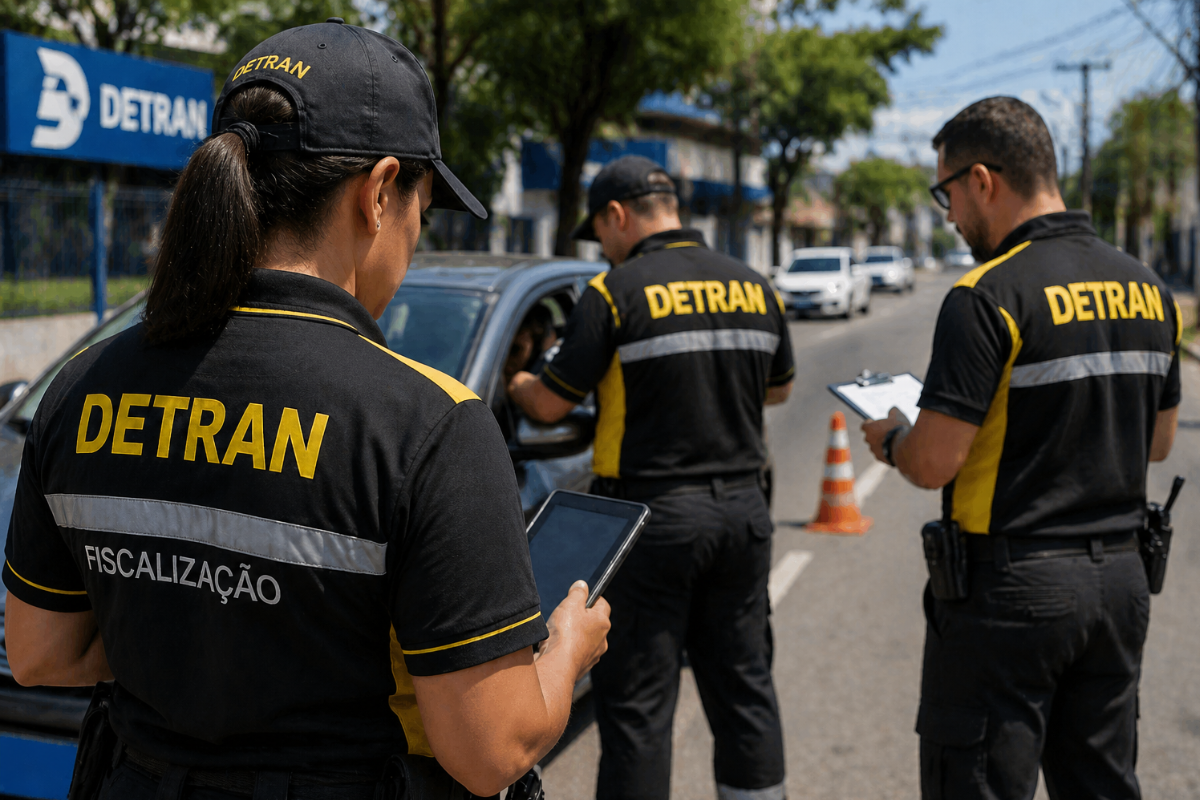 Concurso Detran AL Quatro agentes do DETRAN em uniformes pretos com detalhes amarelos abordam veículo durante operação de fiscalização em rua