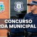 Guarda municipal fardado com boné xadrez à frente de prédio com brasões e texto Concurso Guarda Municipal 2026
