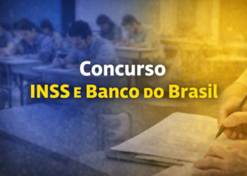 Pessoas fazendo provas com sala de concurso ao fundo e texto INSS e Banco do Brasil