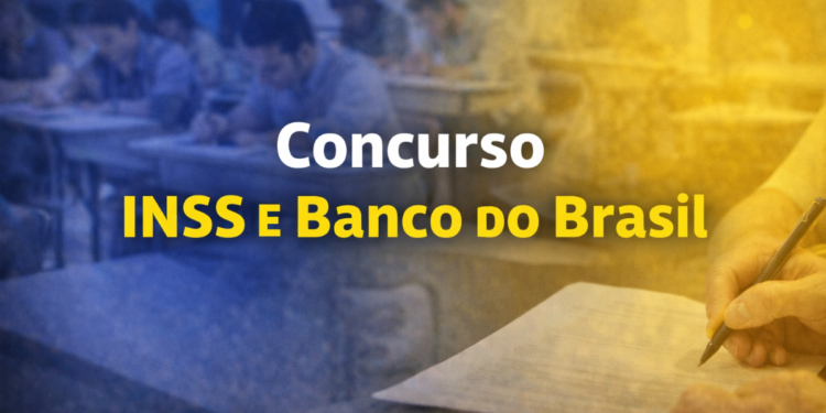 Pessoas fazendo provas com sala de concurso ao fundo e texto INSS e Banco do Brasil