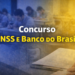 Pessoas fazendo provas com sala de concurso ao fundo e texto INSS e Banco do Brasil
