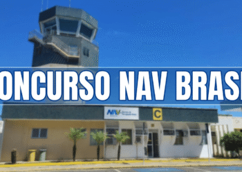 Torre de controle e prédio da NAV Brasil com texto "Concurso NAV Brasil" em azul sobre céu ensolarado