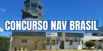 Torre de controle e prédio da NAV Brasil com texto "Concurso NAV Brasil" em azul sobre céu ensolarado
