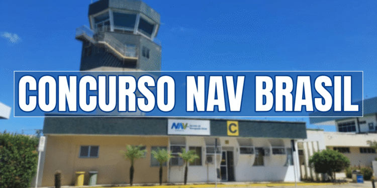 Torre de controle e prédio da NAV Brasil com texto "Concurso NAV Brasil" em azul sobre céu ensolarado