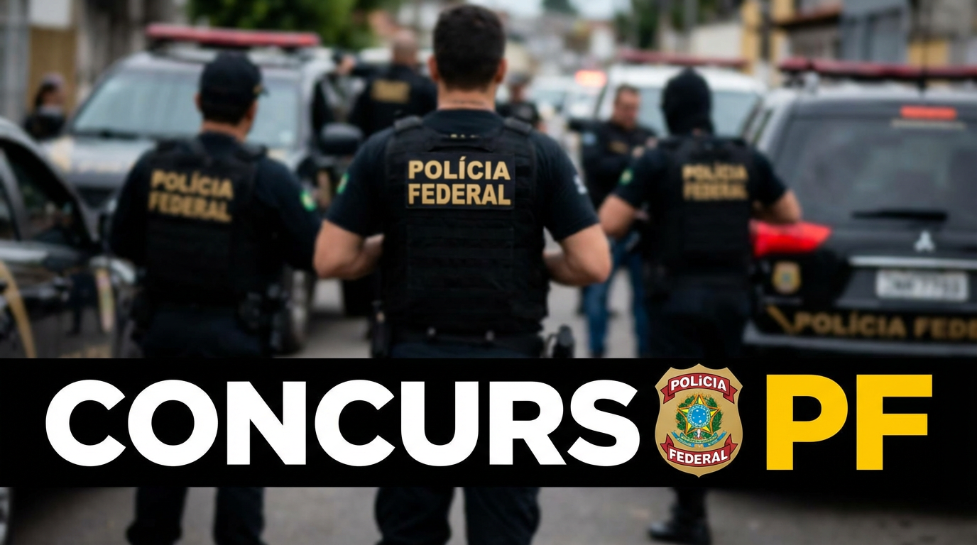 Concurso PF Agentes da Polícia Federal de costas com coletes pretos e texto "CONCURSO PF" com brasão da corporação