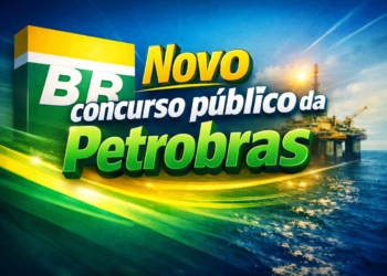 Logo da Petrobras com plataforma de petróleo ao fundo e texto "Novo concurso público da Petrobras"