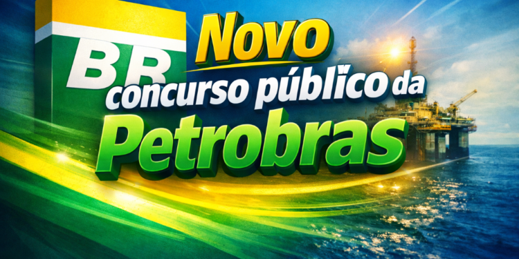 Logo da Petrobras com plataforma de petróleo ao fundo e texto "Novo concurso público da Petrobras"