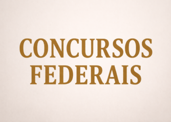 Texto "Concursos Federais" em dourado sobre fundo bege