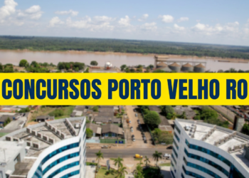 Vista aérea de Porto Velho com prédios modernos, vegetação tropical e Rio Madeira ao fundo com silos de armazenamento