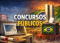 Urna eletrônica, bandeira do Brasil, Congresso Nacional e texto "Concursos Públicos"