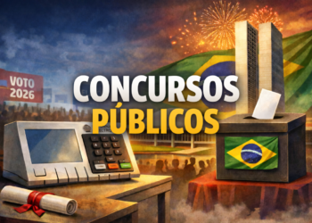 Urna eletrônica, bandeira do Brasil, Congresso Nacional e texto "Concursos Públicos"