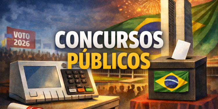 Urna eletrônica, bandeira do Brasil, Congresso Nacional e texto "Concursos Públicos"