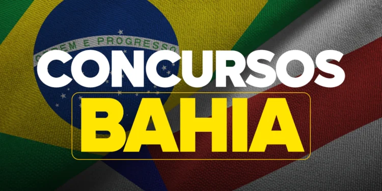 Imagem com bandeiras do Brasil e da Bahia com texto concursos Bahia