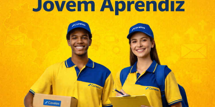 Jovens uniformizados dos Correios segurando encomenda e prancheta