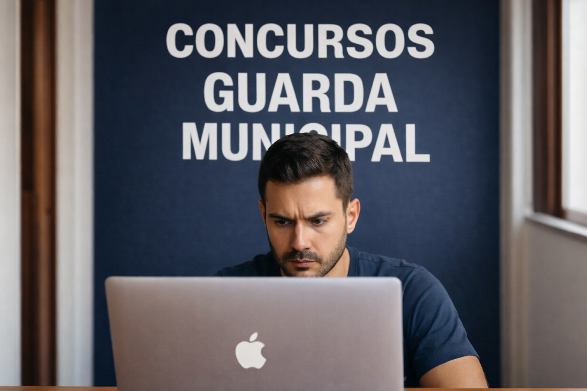 Concurso Guarda Municipal 2026 – Dicas de Preparação Candidato estudando no notebook com texto "Concursos Guarda Municipal" ao fundo