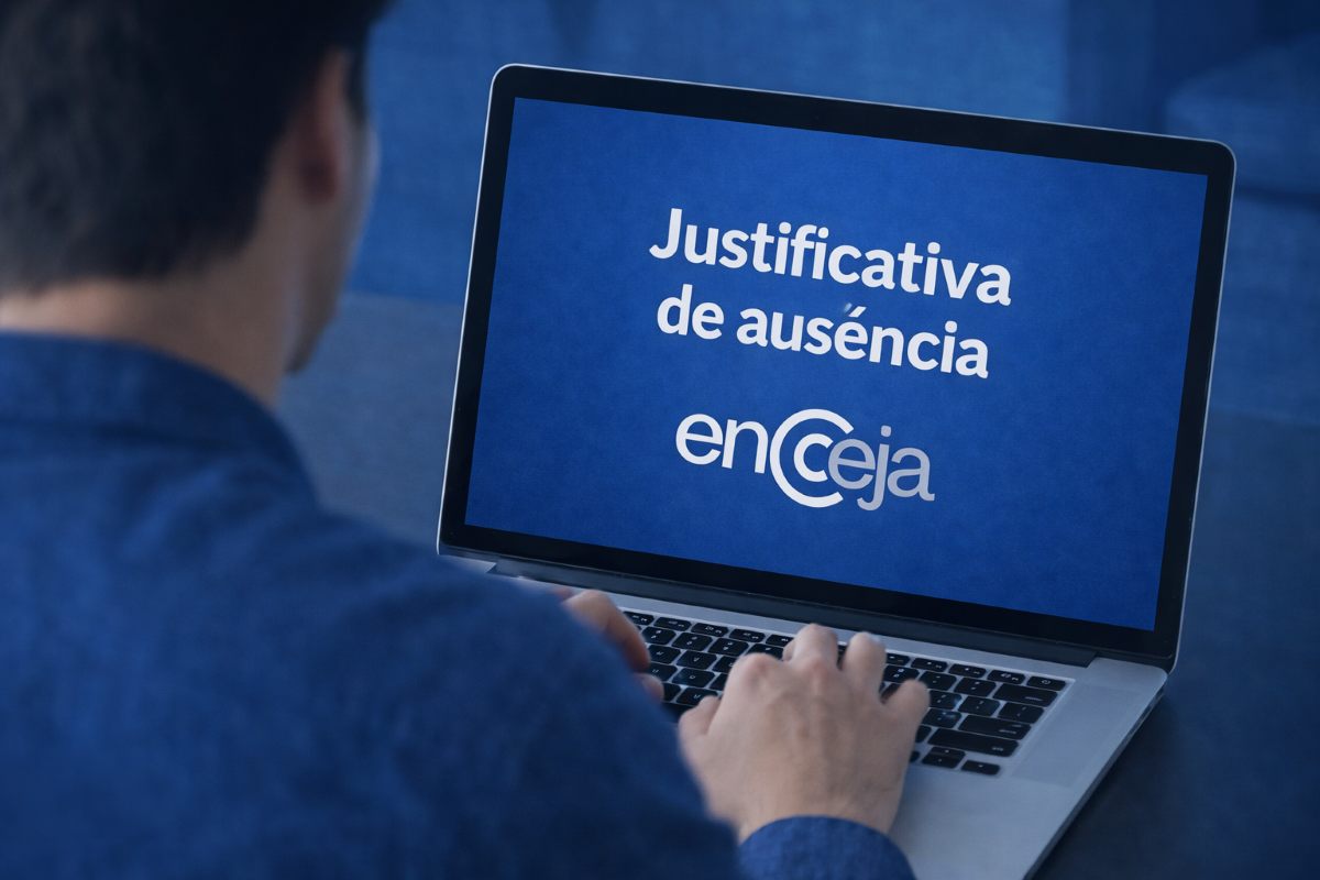 Encceja 2026 – Como fazer a justificativa de ausência Pessoa digitando no notebook com tela exibindo "Justificativa de ausência Encceja"