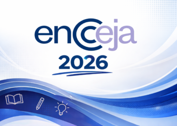 Logo oficial do Encceja com elementos educacionais em fundo azul