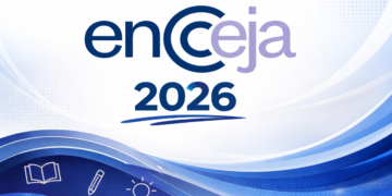 Logo oficial do Encceja com elementos educacionais em fundo azul