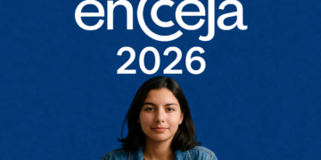 Jovem sorrindo com logo do Encceja 2026 ao fundo azul