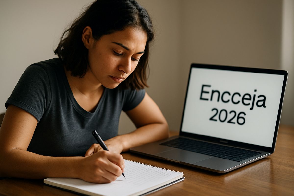 Jovem estudando em caderno com notebook exibindo texto Encceja 2026 ao fundo — dicas para se preparar para o Encceja 2026