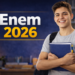 Jovem estudante sorrindo com caderno e mochila ao lado do texto "Enem 2026" em azul e amarelo