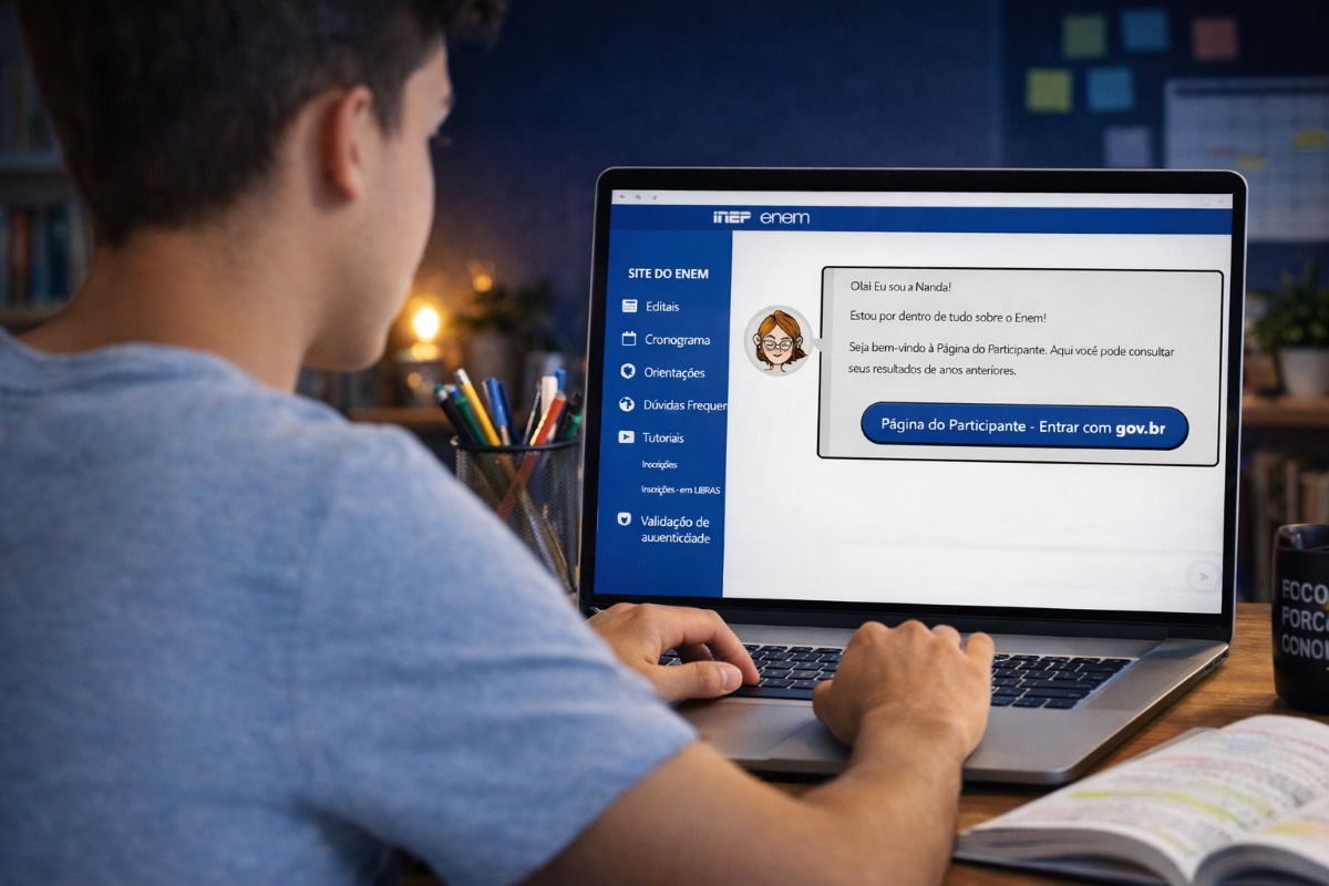 Enem 2026 – Passo a passo para solicitar a isenção Jovem acessando site oficial do Enem no notebook com página do participante na tela